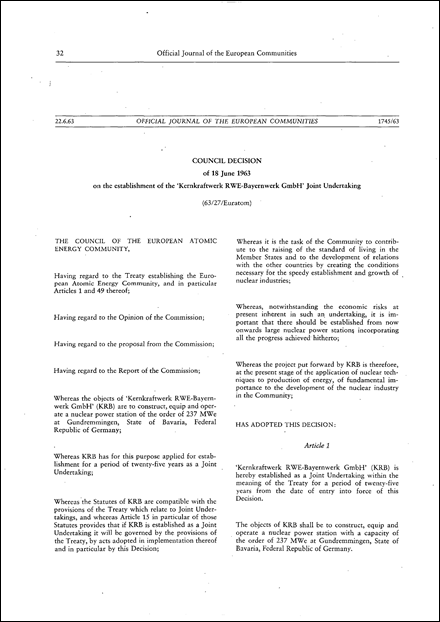 63/27/Euratom: Council Decision of 18 June 1963 on the establishment of the 'Kernkraftwerk RWE-Bayernwerk GmbH' Joint Undertaking