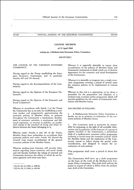 64/247/EEC: Council Decision of 15 April 1964 setting up a Medium-term Economic Policy Committee