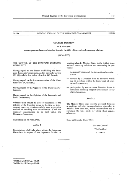 64/301/EEC: Council Decision of 8 May 1964 on co- operation between Member States in the field of international monetary relations