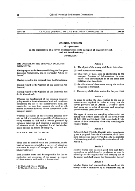 64/389/EEC: Council Decision of 22 June 1964 on the organization of a survey of infrastructure costs in respect of transport by rail, road and inland waterway