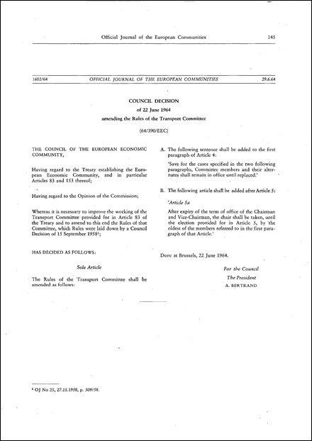 64/390/EEC: Council Decision of 22 June 1964 amending the Rules of the Transport Committee