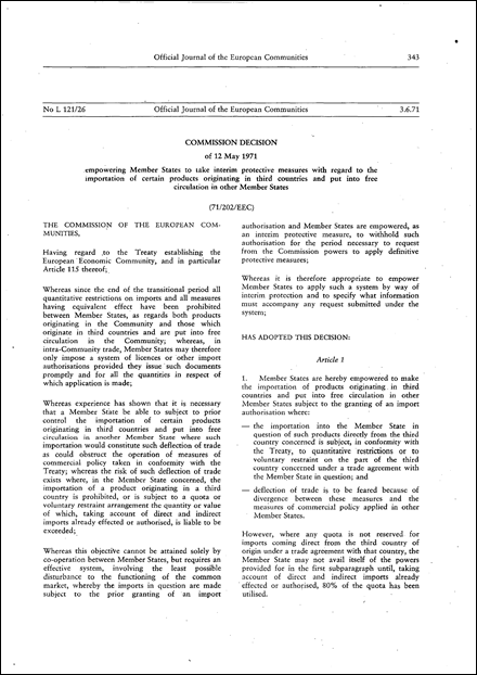 71/202/EEC: Commission Decision of 12 May 1971 empowering Member States to take interim protective measures with regard to the importation of certain products originating in third countries and put into free circulation in other Member States