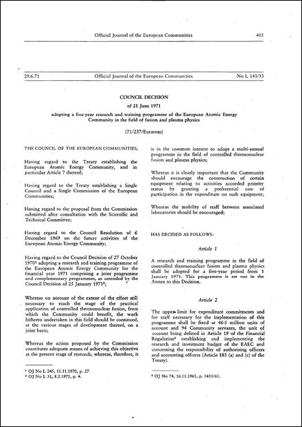 71/237/Euratom: Council Decision of 21 June 1971 adopting a five-year research and training programme of the European Atomic Energy Community in the field of fusion and plasma physics