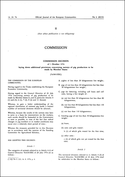 76/805/EEC: Commission Decision of 1 October 1976 laying down additional provisions concerning surveys of pig production to be made by Member States