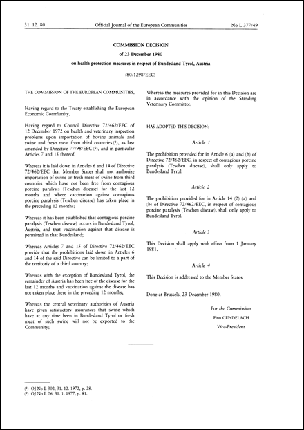 80/1298/EEC: Commission Decision of 23 December 1980 on health protection measures in respect of Bundesland Tyrol, Austria