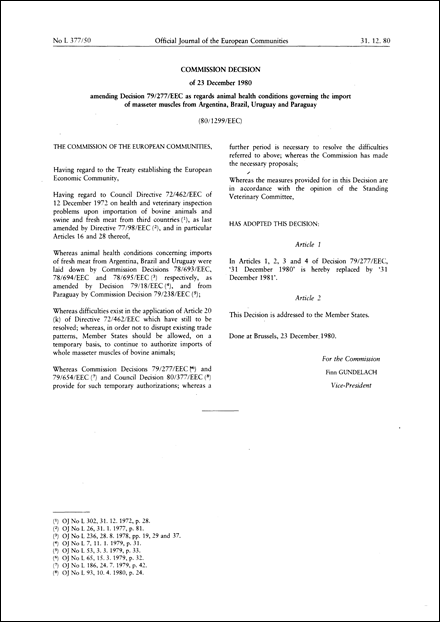 80/1299/EEC: Commission Decision of 23 December 1980 amending Decision 79/277/EEC as regards animal health conditions governing the import of masseter muscles from Argentina, Brazil, Uruguay and Paraguay