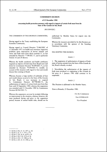 80/1300/EEC: Commission Decision of 23 December 1980 concerning health protection measures with regard to imports of certain fresh meat from the State of Rio Grande do Sul, Brazil