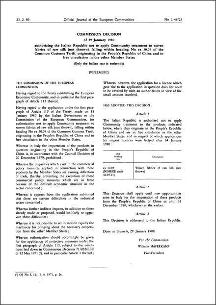 80/225/EEC: Commission Decision of 29 January 1980 authorizing the Italian Republic not to apply Community treatment to woven fabrics of raw silk (not thrown), falling within heading No ex 50.09 of the Common Customs Tariff, originating in the People's Republic of China and in free circulation in the other Member States (Only the Italian text is authentic)
