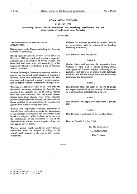 80/801/EEC: Commission Decision of 25 July 1980 concerning animal health conditions and veterinary certification for the importation of fresh meat from Australia