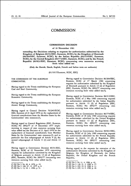 81/1017/Euratom, ECSC, EEC: Commission Decision of 18 November 1981 extending the Decisions relating to requests for authorization submitted by the Kingdom of Belgium (80/31/EEC, Euratom, ECSC), by the Kingdom of Denmark (80/384/EEC, Euratom, ECSC), by the Italian Republic (80/513/EEC, Euratom, ECSC), by the United Kingdom (80/774/EEC, Euratom, ECSC), and by the French Republic (80/821/EEC, Euratom, ECSC), concerning own resources accruing from value added tax (Only the English, Danish, French, Italian and Dutch texts are authentic)