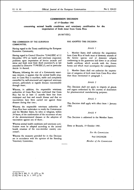 81/887/EEC: Commission Decision of 19 October 1981 concerning animal health conditions and veterinary certification for the importation of fresh meat from Costa Rica