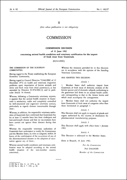 82/414/EEC: Commission Decision of 10 June 1982 concerning animal health conditions and veterinary certification for the import of fresh meat from Guatemala