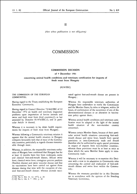82/8/EEC: Commission Decision of 9 December 1981 concerning animal health conditions and veterinary certification for imports of fresh meat from Hungary