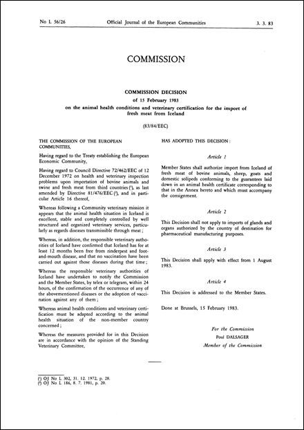 83/84/EEC: Commission Decision of 15 February 1983 on the animal health conditions and veterinary certification for the import of fresh meat from Iceland