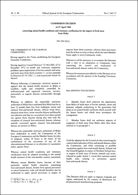 84/294/EEC: Commission Decision of 27 April 1984 concerning animal health conditions and veterinary certification for the import of fresh meat from Malta