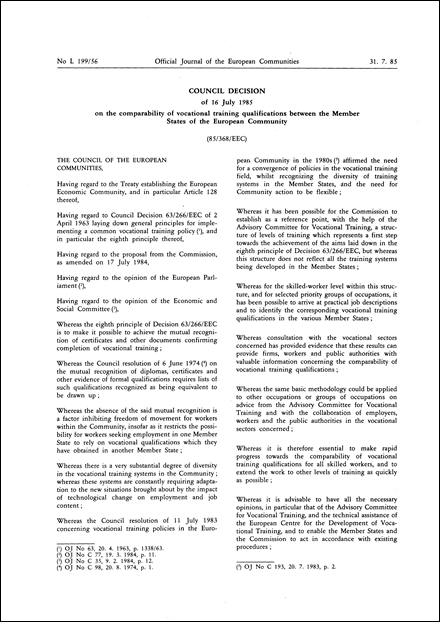 85/368/EEC: Council Decision of 16 July 1985 on the comparability of vocational training qualifications between the Member States of the European Community