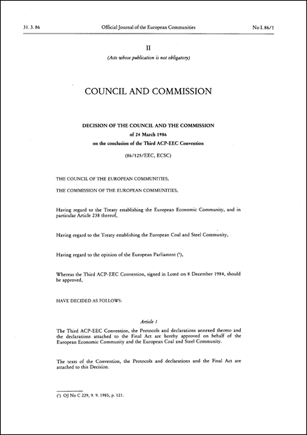 86/125/EEC, ECSC: Decision of the Council and the Commission of 24 March 1986 on the conclusion of the Third ACP-EEC Convention