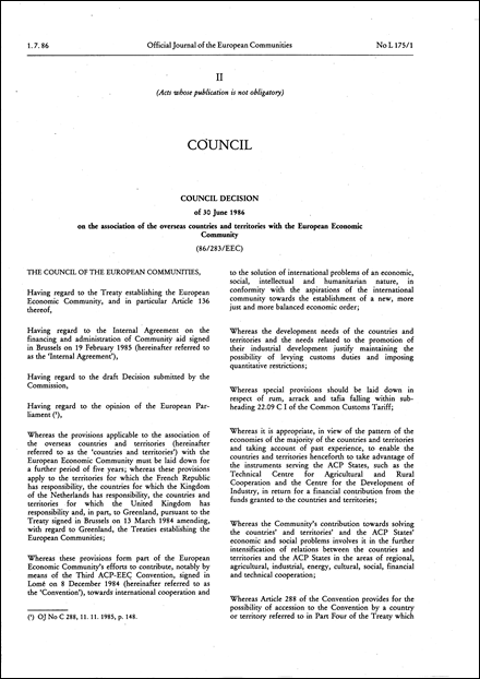 Council Decision of 30 June 1986 on the association of the overseas countries and territories with the European Economic Community
