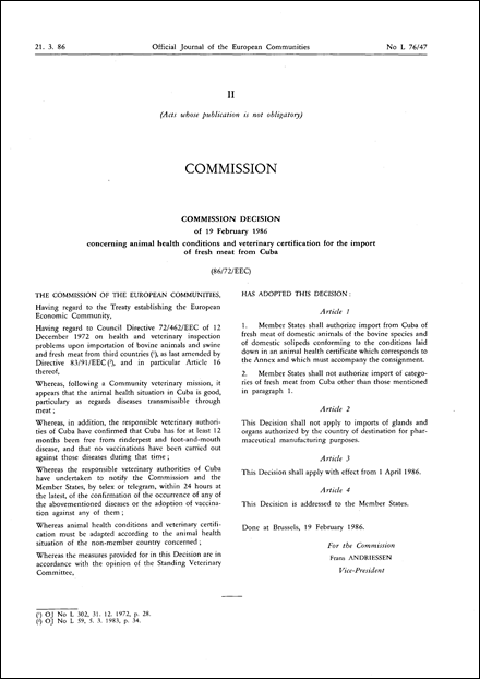 86/72/EEC: Commission Decision of 19 February 1986 concerning animal health conditions and veterinary certification for the import of fresh meat from Cuba