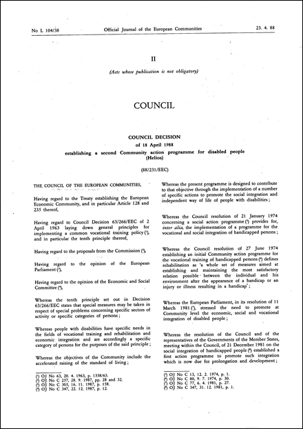 88/231/EEC: Council Decision of 18 April 1988 establishing a second Community action programme for disabled people (Helios)