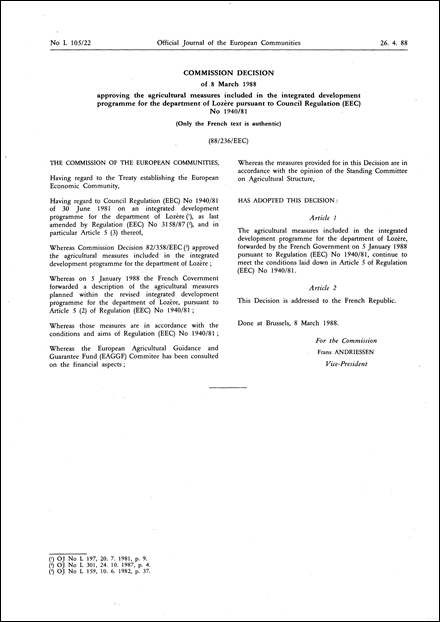 88/236/EEC: Commission Decision of 8 March 1988 approving the agricultural measures included in the integrated development programme for the department of Lozère pursuant to Council Regulation (EEC) No 1940/81 (Only the French text is authentic)