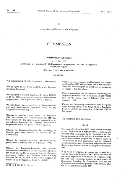 88/24/EEC: Commission Decision of 15 July 1987 approving an integrated Mediterranean programme for the Languedoc- Roussillon region (Only the French text is authentic)