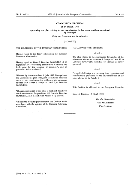 88/240/EEC: Commission Decision of 14 March 1988 approving the plan relating to the examination for hormone residues submitted by Portugal (Only the Portuguese text is authentic)