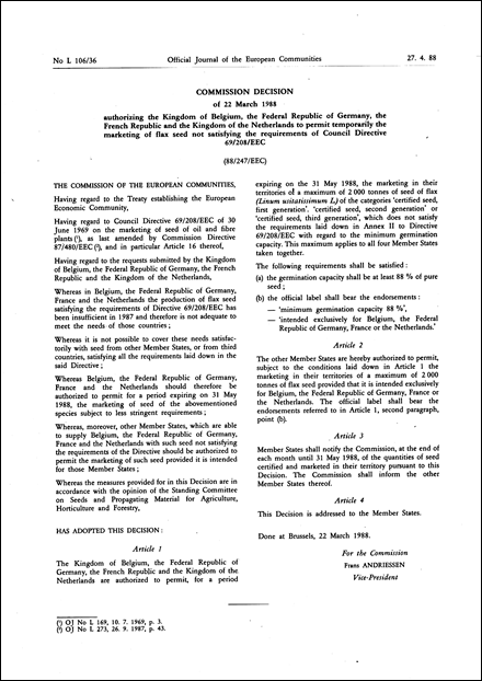 88/247/EEC: Commission Decision of 22 March 1988 authorizing the Kingdom of Belgium, the Federal Republic of Germany, the French Republic and the Kingdom of the Netherlands to permit temporarily the marketing of flax seed not satisfying the requirements of Council Directive 69/208/EEC
