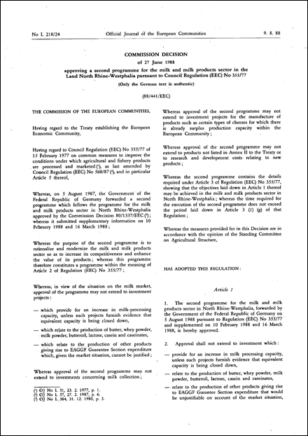 88/441/EEC: Commission Decision of 27 June 1988 approving a second programme for the milk and milk products sector in the Land North Rhine-Westphalia pursuant to Council Regulation (EEC) No 355/77 (Only the German text is authentic)