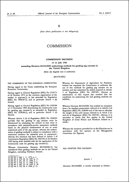 88/478/EEC Commission Decision of 22 july 1988 amending Decision 88/234/EEC authorizing methods for granding pig carcases in the United Kingdom (Only the English text is authentic)#