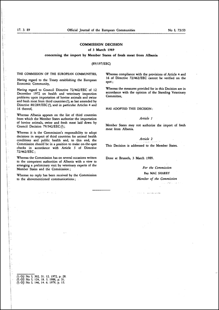 89/197/EEC: Commission Decision of 3 March 1989 concerning the import by Member States of fresh meat from Albania