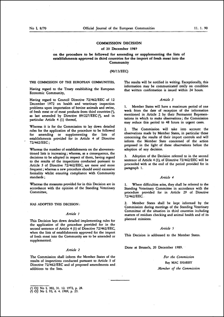 90/13/EEC: Commission Decision of 20 December 1989 on the procedure to be followed for amending or supplementing the lists of establishments approved in third countries for the import of fresh meat into the Community