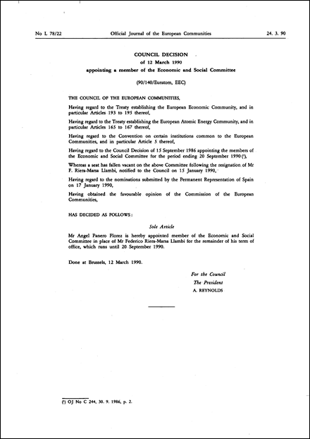 90/140/Euratom, EEC: Council Decision of 12 March 1990 appointing a member of the Economic and Social Committee