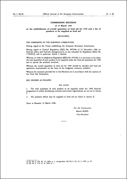 90/145/EEC: Commission Decision of 19 March 1990 on the establishment of overall quantities of food aid for 1990 and a list of products to be supplied as food aid