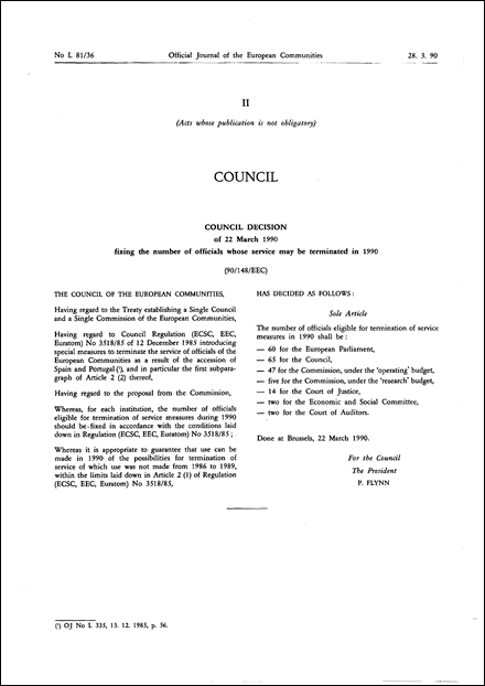90/148/EEC: Council Decision of 22 March 1990 fixing the number of officials whose service may be terminated in 1990