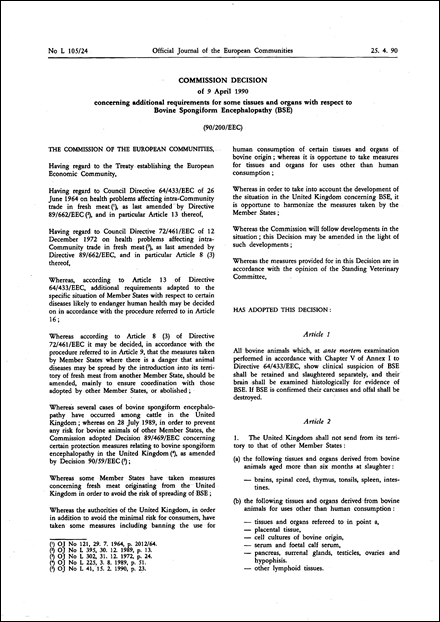 90/200/EEC: Commission Decision of 9 April 1990 concerning additional requirements for some tissues and organs with respect to Bovine Spongiform Encephalopathy (BSE)