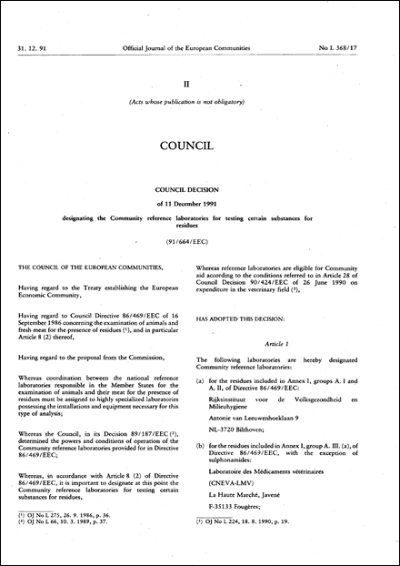 91/664/EEC: Council Decision of 11 December 1991 designating the Community reference laboratories for testing certain substances for residues