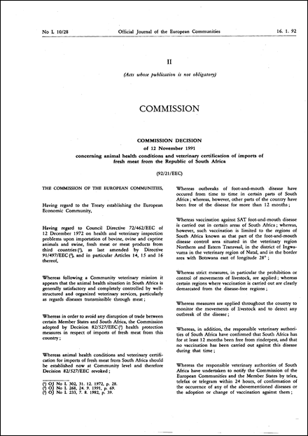 92/21/EEC: Commission Decision of 12 November 1991 concerning animal health conditions and veterinary certification of imports of fresh meat from the Republic of South Africa