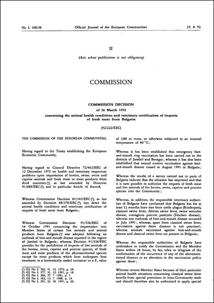 92/222/EEC: Commission Decision of 26 March 1992 concerning the animal health conditions and veterinary certification of imports of fresh meat from Bulgaria