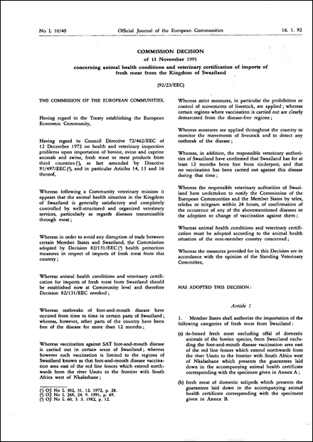 92/23/EEC: Commission Decision of 13 November 1991 concerning animal health conditions and veterinary certification of imports of fresh meat from the Kingdom of Swaziland