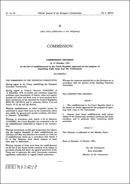 93/546/EEC: Commission Decision of 12 October 1993 on the list of establishments in the Czech Republic approved for the purpose of importing fresh meat into the Community