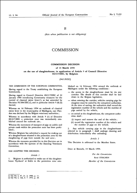 94/159/EC: Commission Decision of 14 March 1994 on the use of slaughterhouses, in application of Article 9 of Council Directive 80/217/EEC, by Belgium