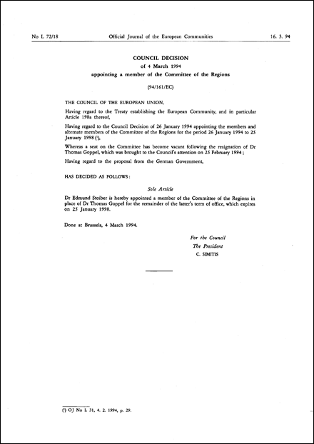 94/161/EC: Council Decision of 4 March 1994 appointing a member of the Committee of the Regions