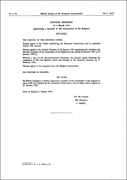 94/162/EC: Council Decision of 4 March 1994 appointing a member of the Committee of the Regions