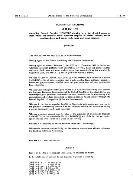 94/310/EC: Commission Decision of 18 May 1994 amending Council Decision 79/542/EEC drawing up a list of third countries from which the Member States authorize imports of bovine animals, swine, equidae, sheep and goats, fresh meat and meat products