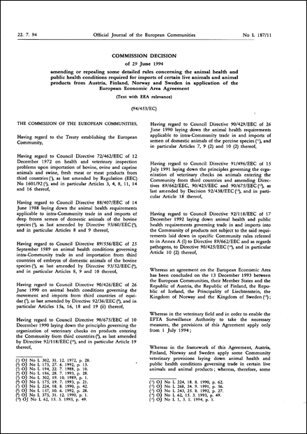 94/453/EC: Commission Decision of 29 June 1994 amending or repealing some detailed rules concerning the animal health and public health conditions required for imports of certain live animals and animal products from Austria, Finland, Norway and Sweden in application of the European Economic Area Agreement (Text with EEA relevance)