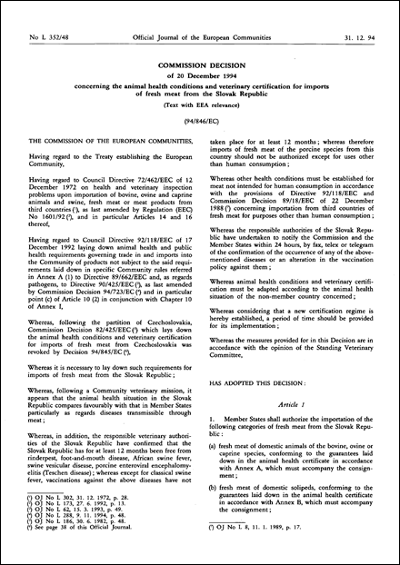 94/846/EC: Commission Decision of 20 December 1994 concerning the animal health conditions and veterinary certification for imports of fresh meat from the Slovak Republic (Text with EEA relevance)