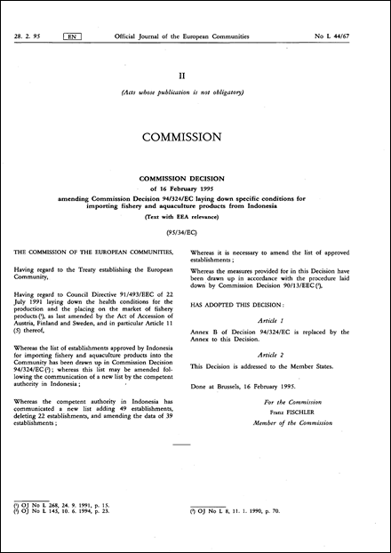 Commission Decision of 16 February 1995 amending Commission Decision 94/324/EC laying down specific conditions for importing fishery and aquaculture products from Indonesia (Text with EEA relevance)