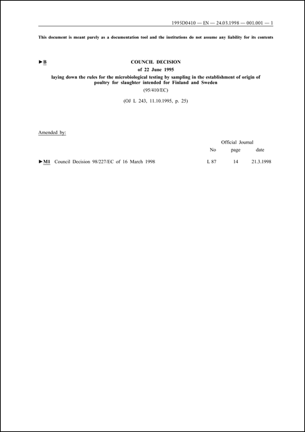 95/410/EC: Council Decision of 22 June 1995 laying down the rules for the microbiological testing by sampling in the establishment of origin of poultry for slaughter intended for Finland and Sweden