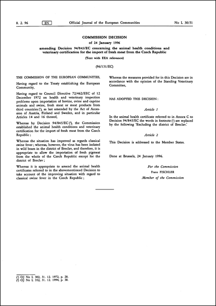 96/131/EC: Commission Decision of 24 January 1996 amending Decision 94/845/EC concerning the animal health conditions and veterinary certification for the import of fresh meat from the Czech Republic (Text with EEA relevance)